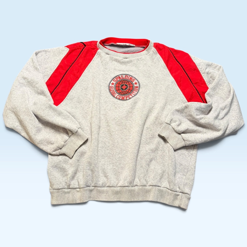 Spalding Sweatshirt Mens Large Gray Fleece Crewneck Pullover Red Panels Graphic